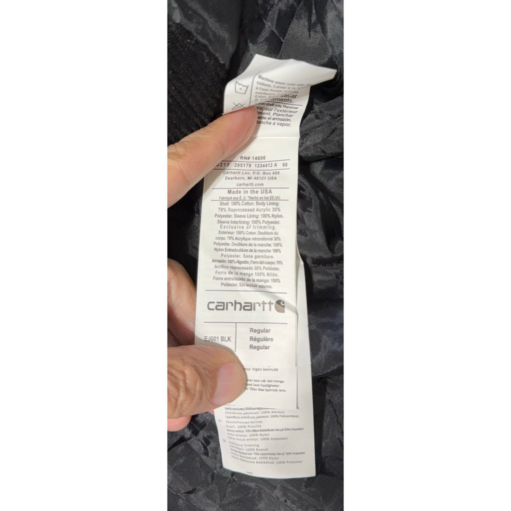 Second Half Supply Co, LLC Carhartt jacket care and material content label showing fabric composition and RN number