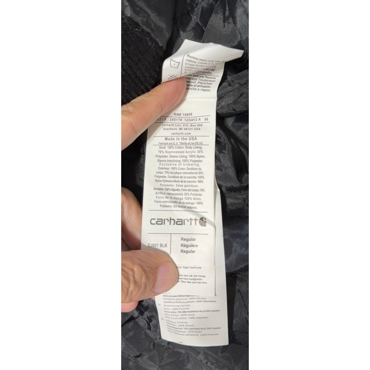 Second Half Supply Co, LLC Carhartt jacket care and material content label showing fabric composition and RN number