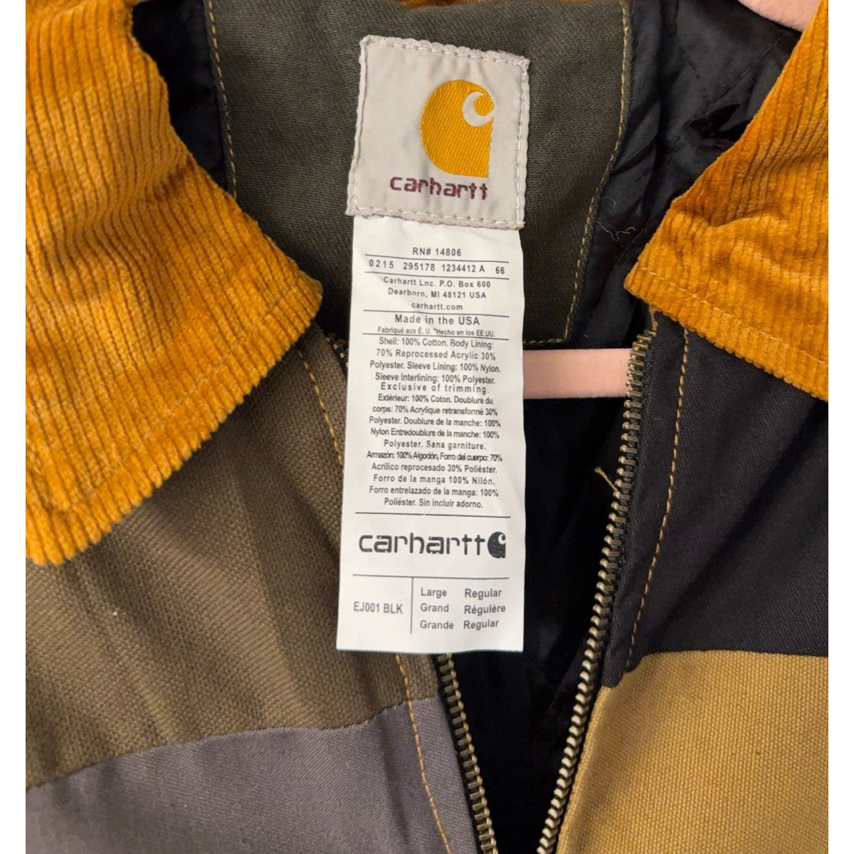 Second Half Supply Co, LLC reworked Carhartt jacket label with mustard corduroy collar and patchwork panels