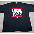 Second Half Supply Co, LLC black heavyweight cotton T-shirt featuring a red and white Carpenters Local 1977 graphic.