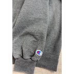 Second Half Supply Co, LLC charcoal gray Champion hoodie sleeve with iconic embroidered C logo patch on the cuff