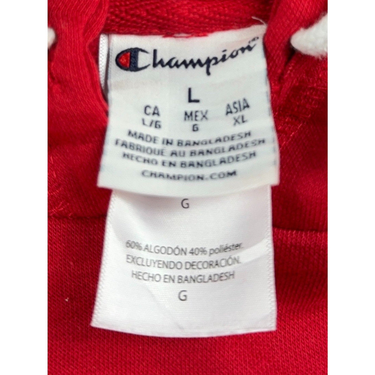 Second Half Supply Co, LLC Champion hoodie size large tag showing cotton polyester blend and Bangladesh origin