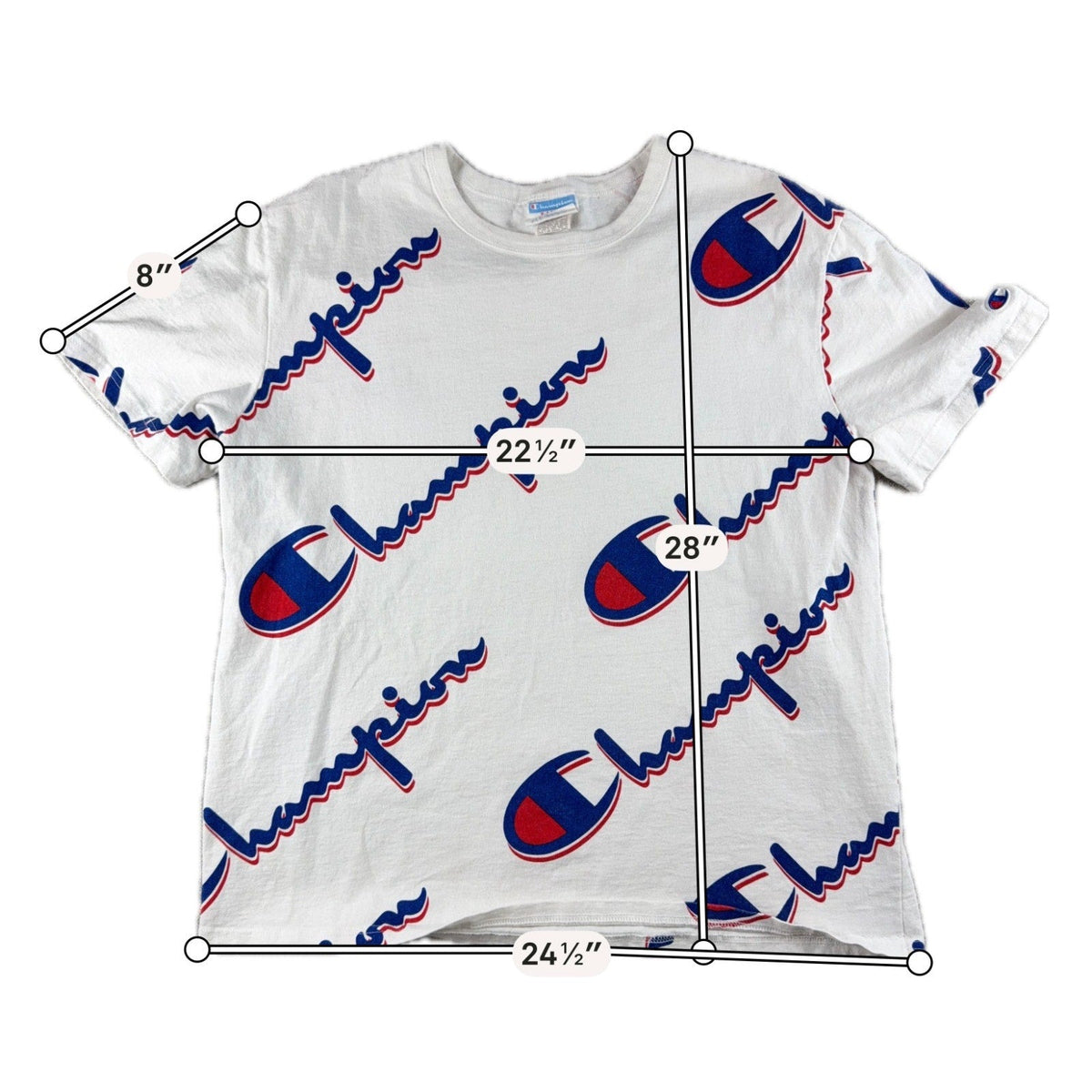 Second Half Supply Co, LLC white Champion cotton t-shirt with red and blue all-over script logo print