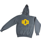 Second Half Supply Co, LLC heather charcoal gray Champion UCO university hoodie with yellow and orange chenille logo
