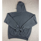 Second Half Supply Co, LLC heather charcoal gray Champion pullover hoodie, back view with drawstring hood