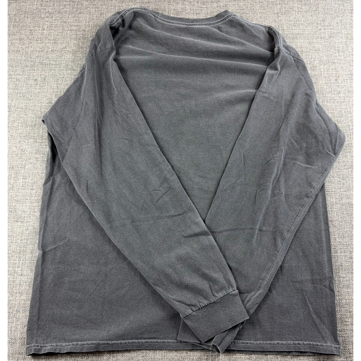Second Half Supply Co, LLC charcoal gray long sleeve shirt with a faded garment-dyed finish, back view.