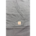 Second Half Supply Co, LLC charcoal gray Marine Layer hoodie featuring a small brand logo tab on the kangaroo pocket