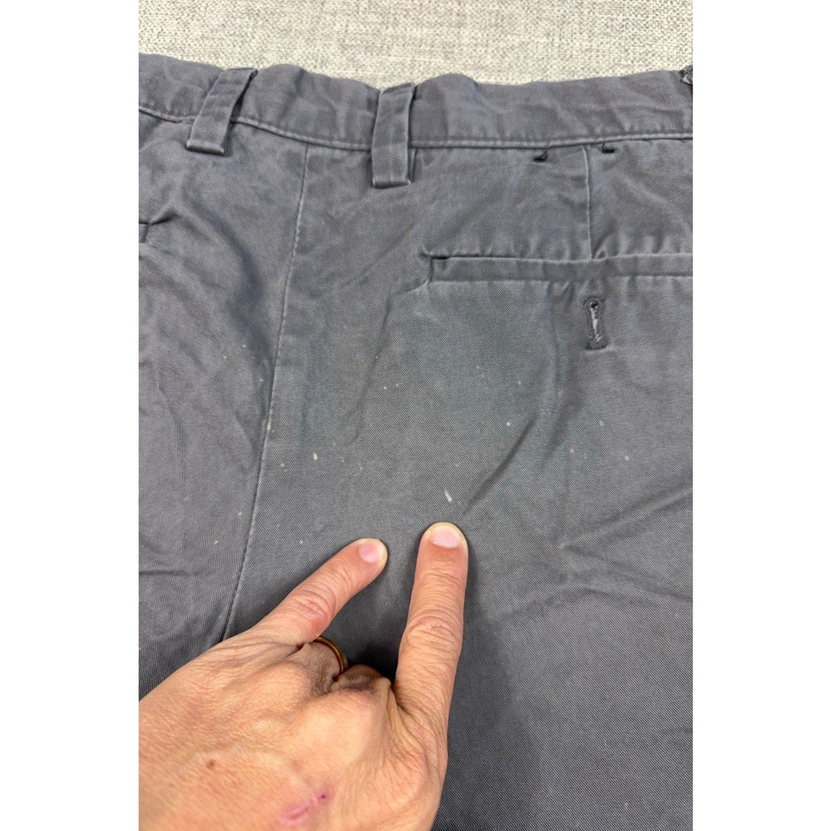 Second Half Supply Co, LLC charcoal Banana Republic shorts showing pale spots on the back fabric near the pocket