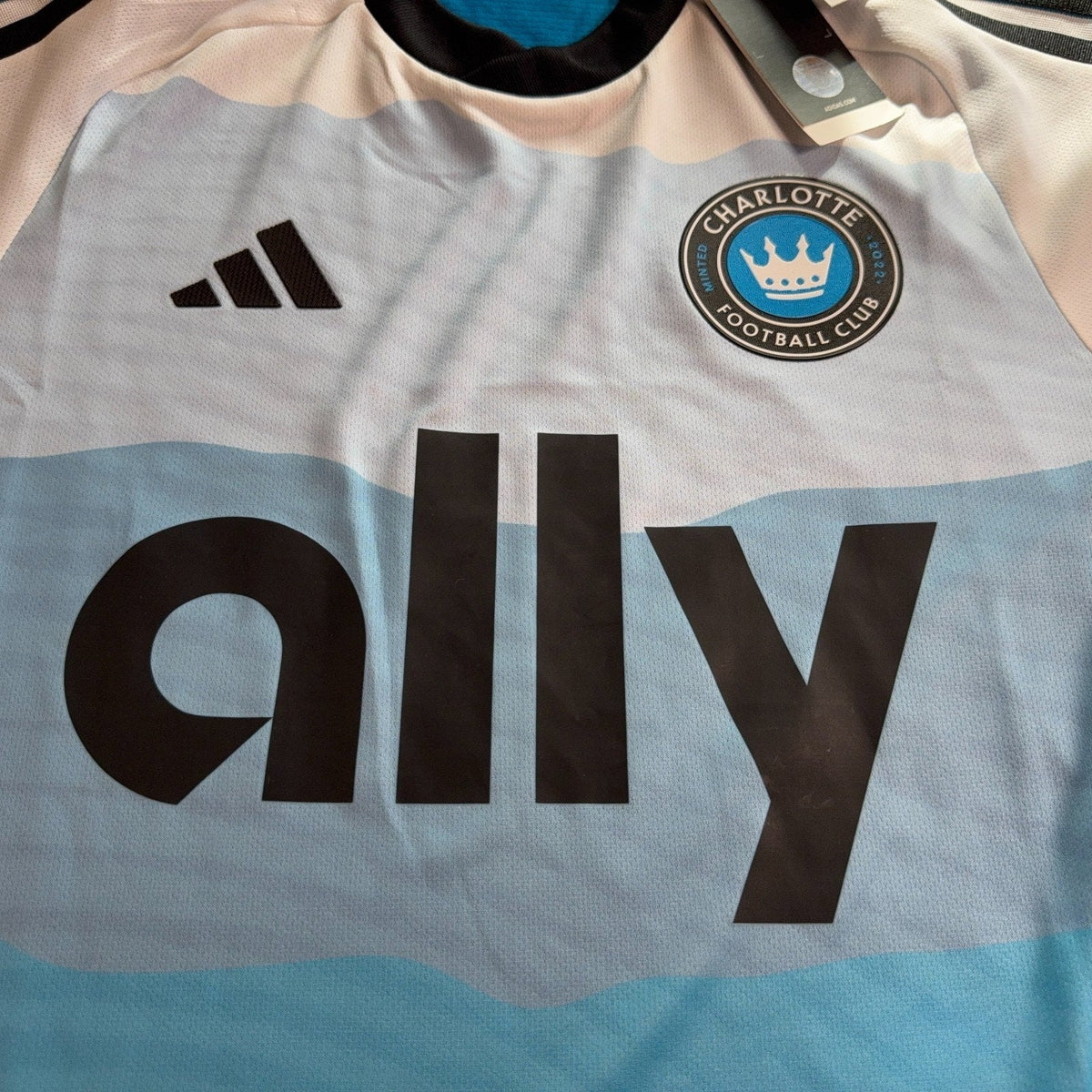Second Half Supply Co, LLC Charlotte FC Adidas authentic blue and white soccer jersey with Ally sponsor logo