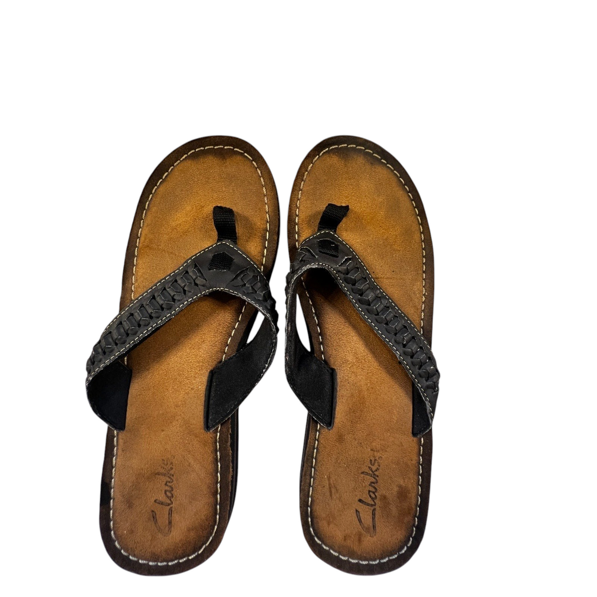 Second Half Supply Co, LLC Clarks women's black leather thong sandals with woven straps and cushioned suede footbeds.