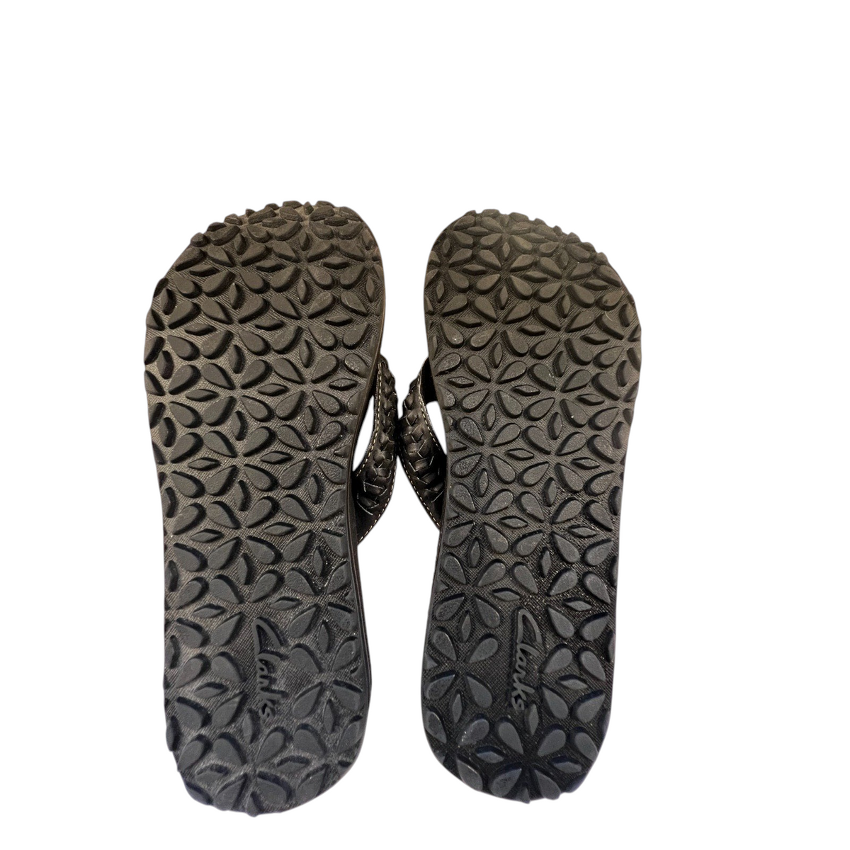Second Half Supply Co, LLC Clarks black leather thong sandals showing the durable traction outsoles