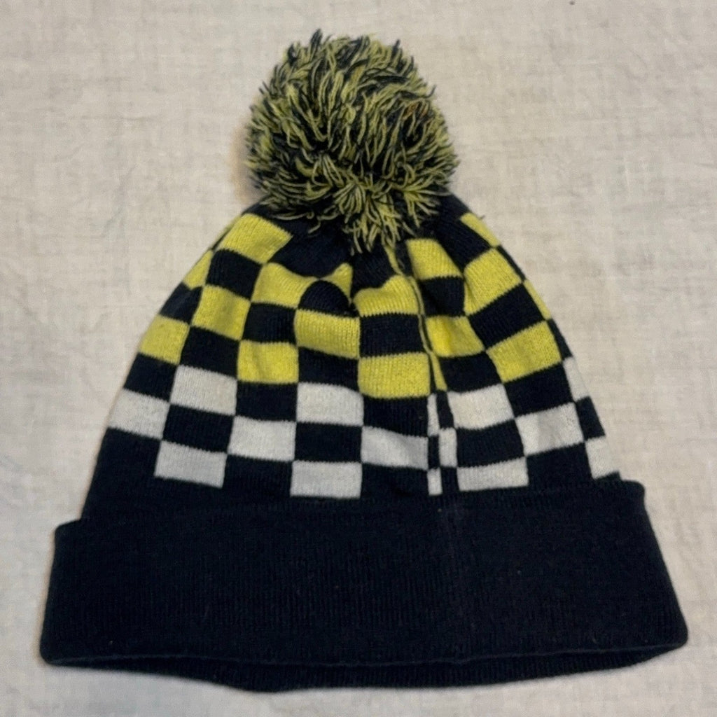 Second Half Supply Co, LLC Club America navy, yellow, and white checkerboard knit beanie with a matching pom-pom.