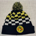 Second Half Supply Co, LLC Club America navy, yellow, and white checkerboard knit beanie with pom-pom and club crest.