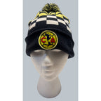 Second Half Supply Co, LLC Club America cuffed knit beanie with navy, yellow, and white checkerboard and pom-pom.
