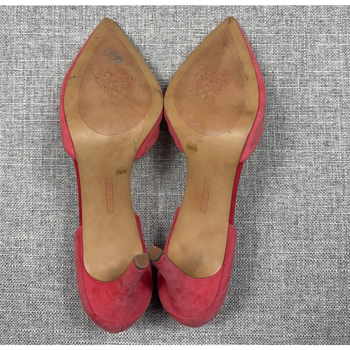 Second Half Supply Co, LLC coral pink suede Vince Camuto d'Orsay pumps showing soles and stiletto heels
