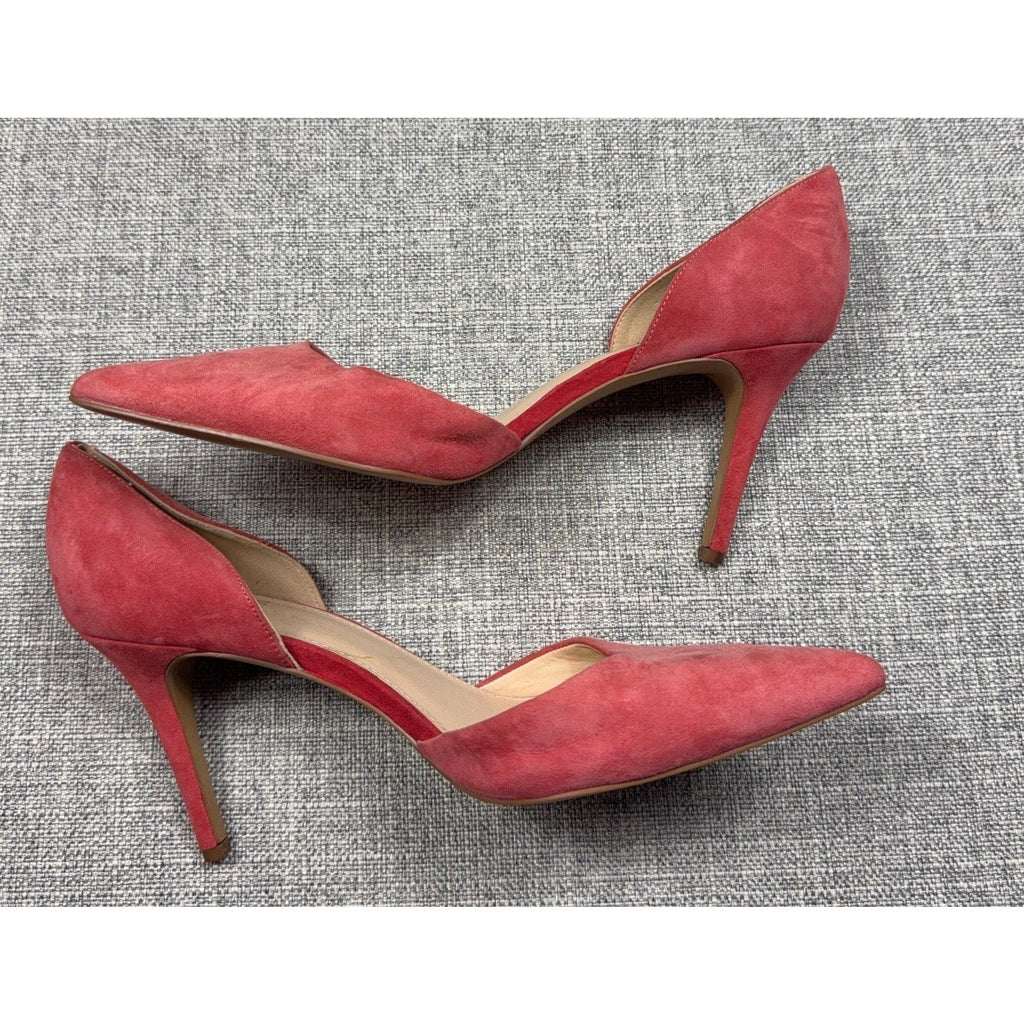 Second Half Supply Co, LLC coral pink suede d'Orsay pumps with pointed toes and slim stiletto heels