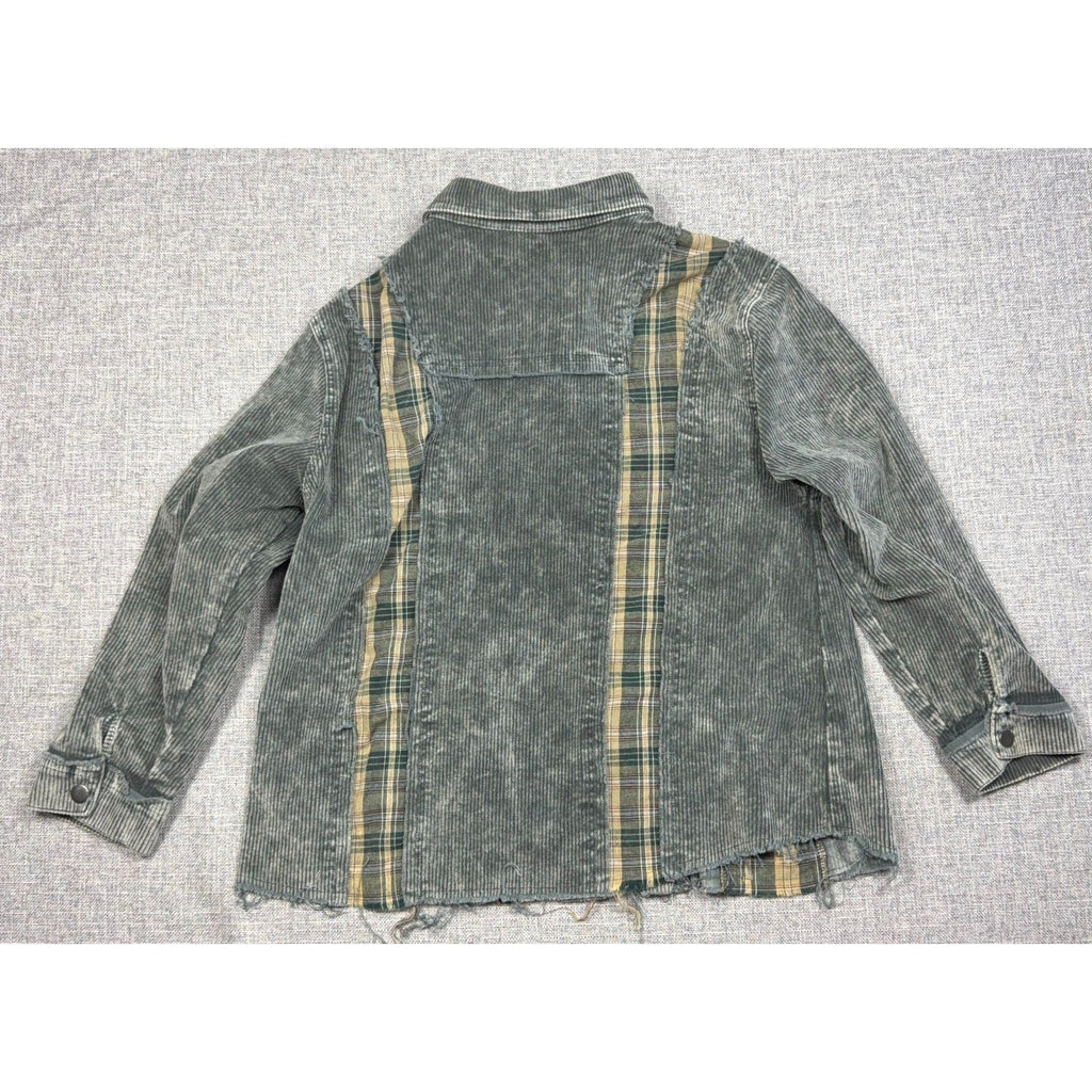 Second Half Supply Co, LLC POL corduroy shacket featuring gray-green ribbed fabric, plaid patchwork, and raw hem back.
