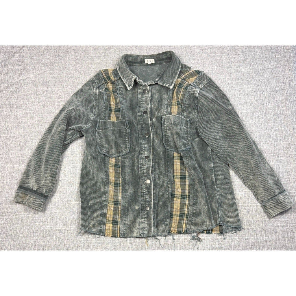 Second Half Supply Co, LLC POL corduroy shacket in gray-green with mustard plaid patchwork, raw hem, and snap front.