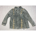 Second Half Supply Co, LLC POL corduroy shacket in gray-green with mustard plaid patchwork, raw hem, and snap front.
