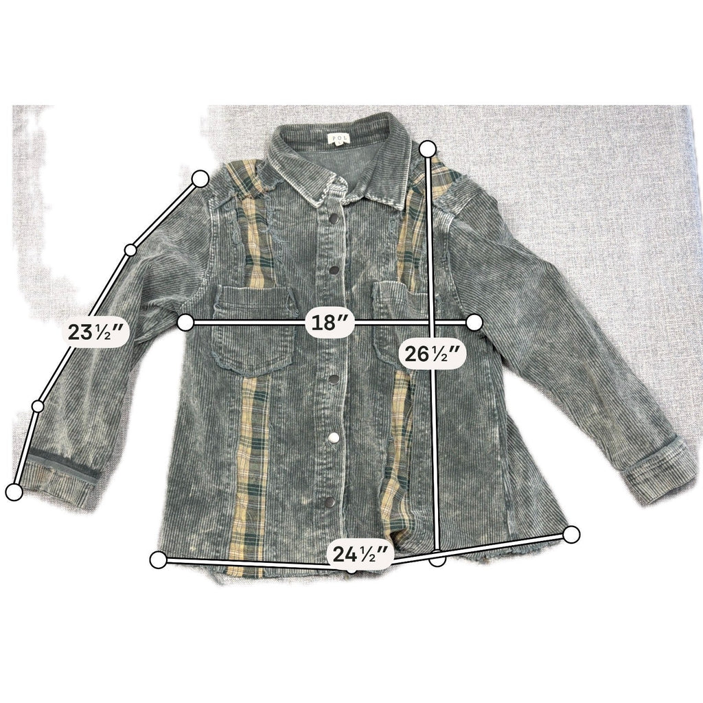 Second Half Supply Co, LLC POL corduroy shacket with plaid patchwork, raw hem, and measurement overlays.