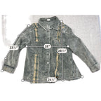 Second Half Supply Co, LLC POL corduroy shacket with plaid patchwork, raw hem, and measurement overlays.
