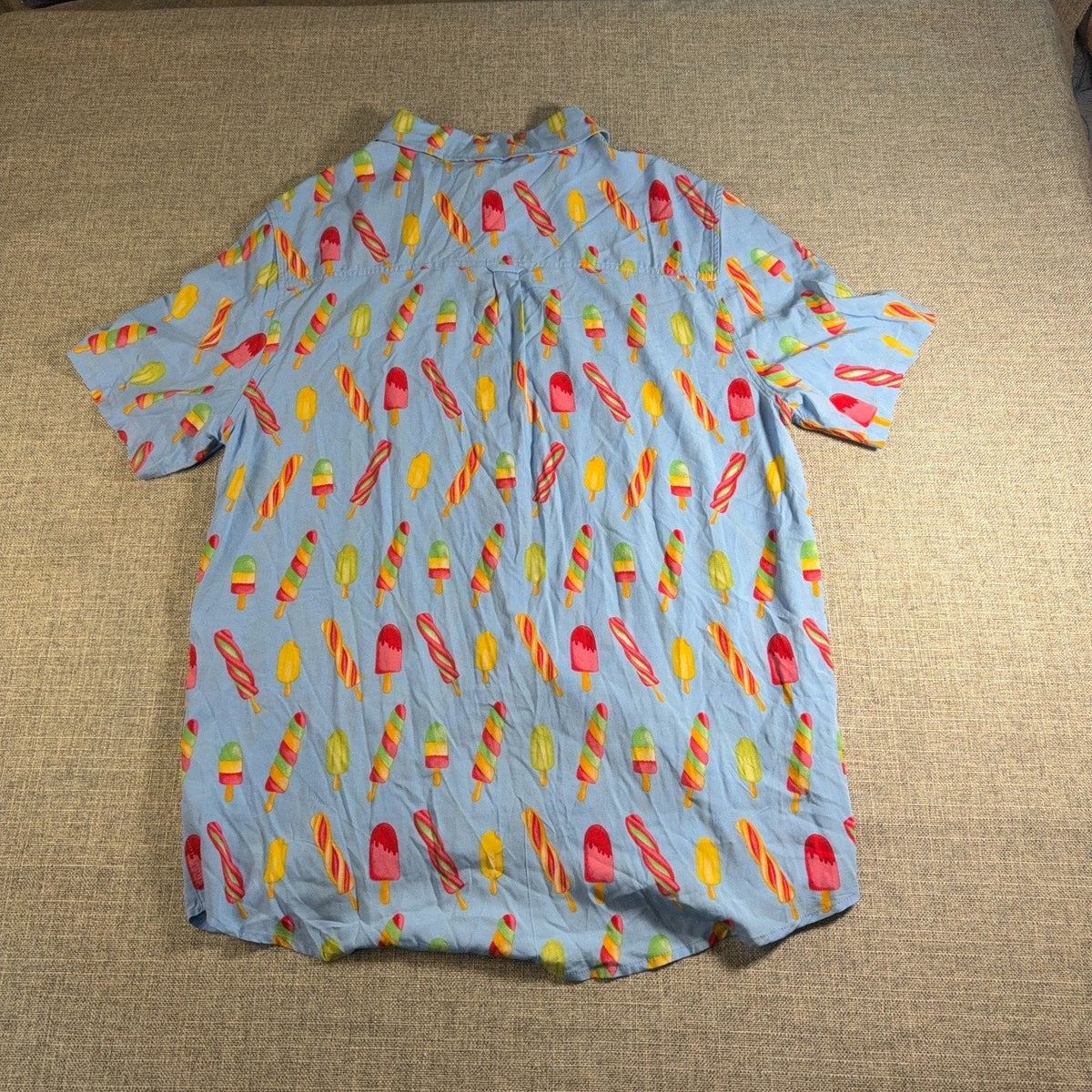 Second Half Supply Co, LLC Cove men's light blue rayon button-up shirt featuring a colorful popsicle print