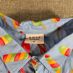 Second Half Supply Co, LLC Cove light blue rayon button-up shirt featuring a colorful popsicle print, size XL