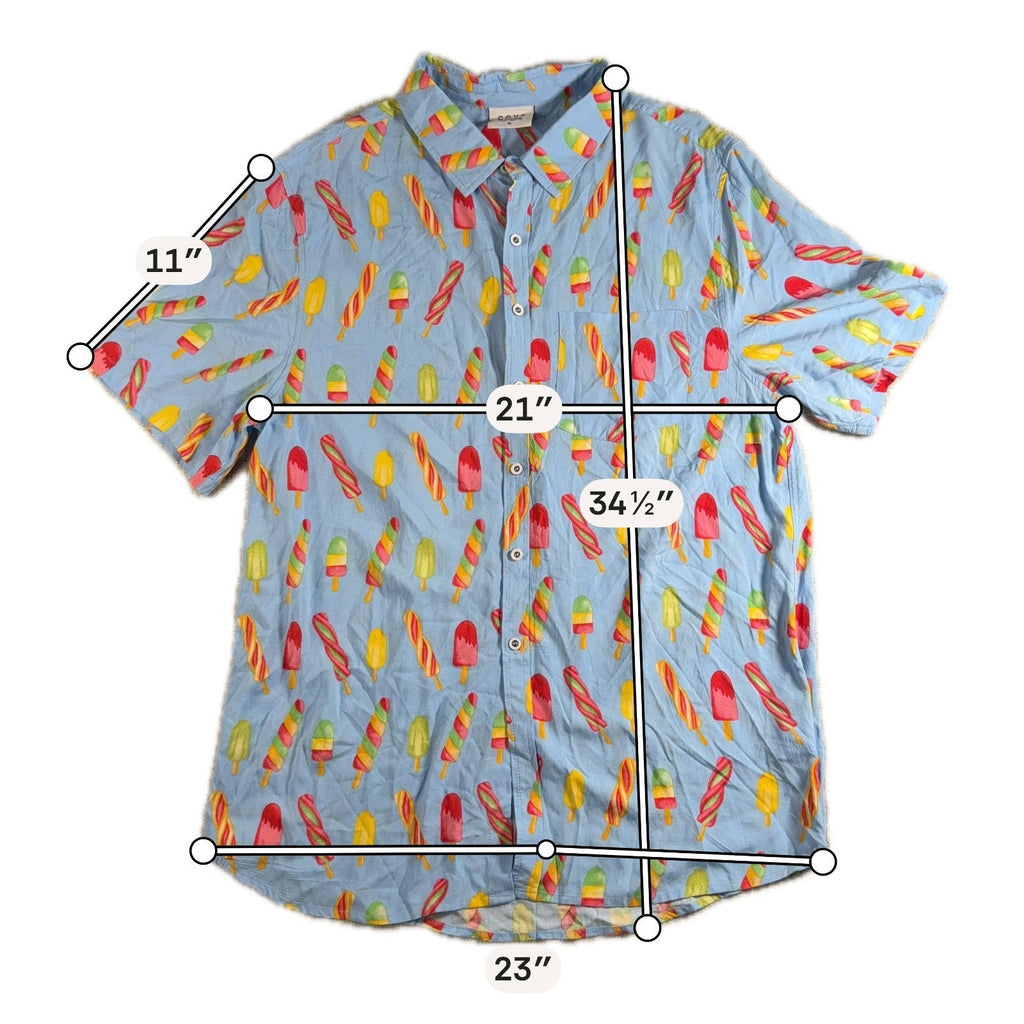 Second Half Supply Co, LLC Cove light blue rayon button-up shirt with colorful popsicle print and measurement lines.