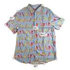Second Half Supply Co, LLC Cove light blue rayon button-up shirt with colorful popsicle print and measurement lines.