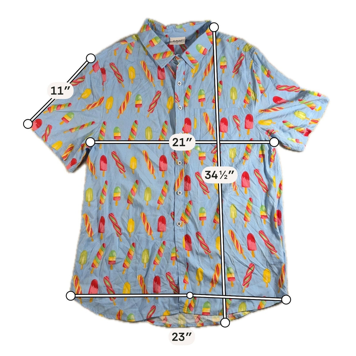 Second Half Supply Co, LLC Cove light blue rayon button-up shirt with colorful popsicle print and measurement lines.