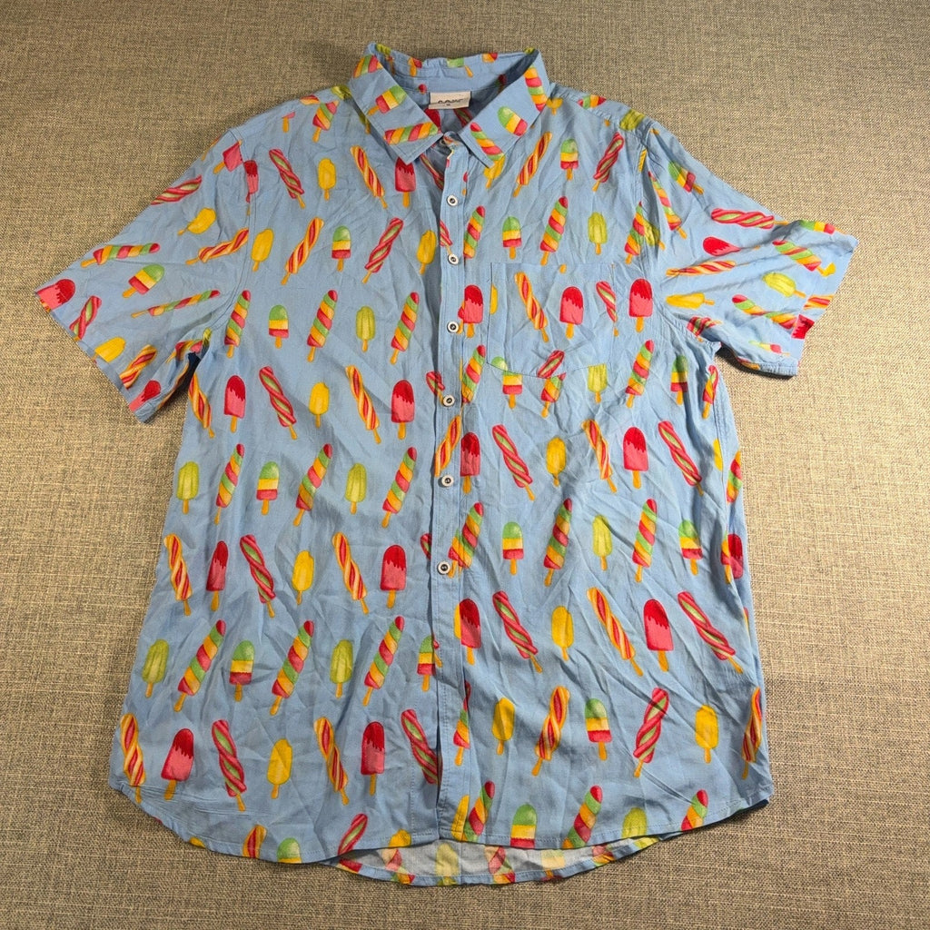 Second Half Supply Co, LLC Cove men's XL light blue rayon button-up shirt with a colorful popsicle print.