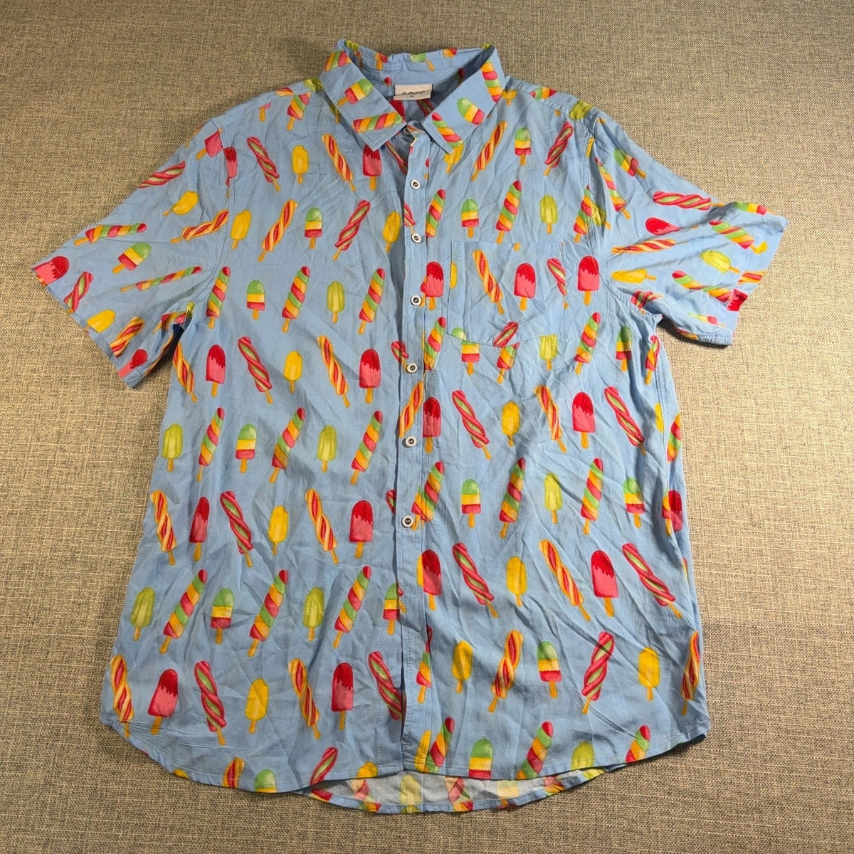 Second Half Supply Co, LLC Cove men's XL light blue rayon button-up shirt with a colorful popsicle print.