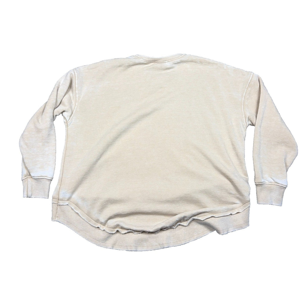 Second Half Supply Co, LLC cream vintage-wash crewneck sweatshirt with a relaxed high-low hemline, back view.