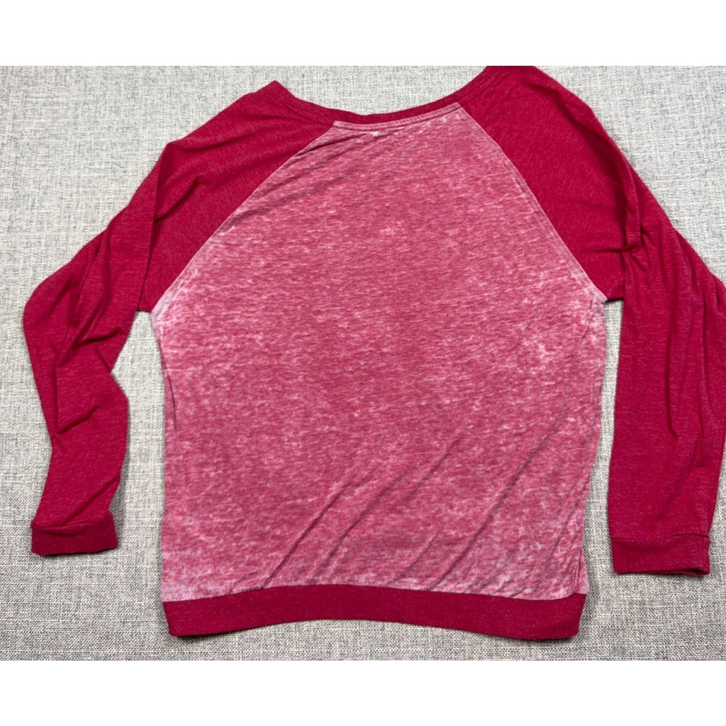 Second Half Supply Co, LLC crimson Oklahoma Sooners long-sleeve raglan shirt with a vintage burnout fabric texture.