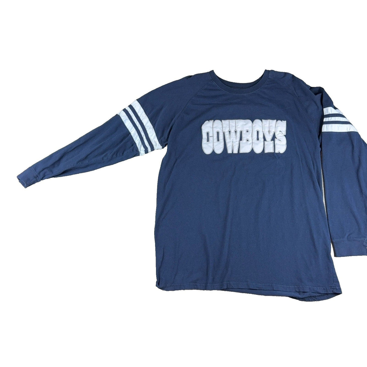 Second Half Supply Co, LLC navy blue long sleeve shirt with white COWBOYS appliqué and varsity stripes on sleeves