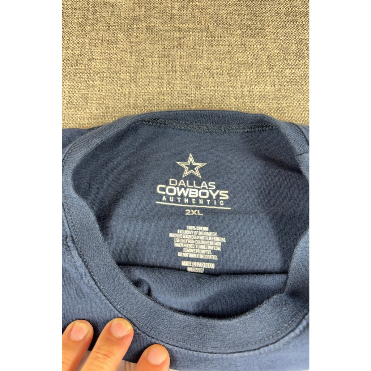 Second Half Supply Co, LLC navy blue Dallas Cowboys authentic long sleeve shirt interior neck label and size 2XL tag