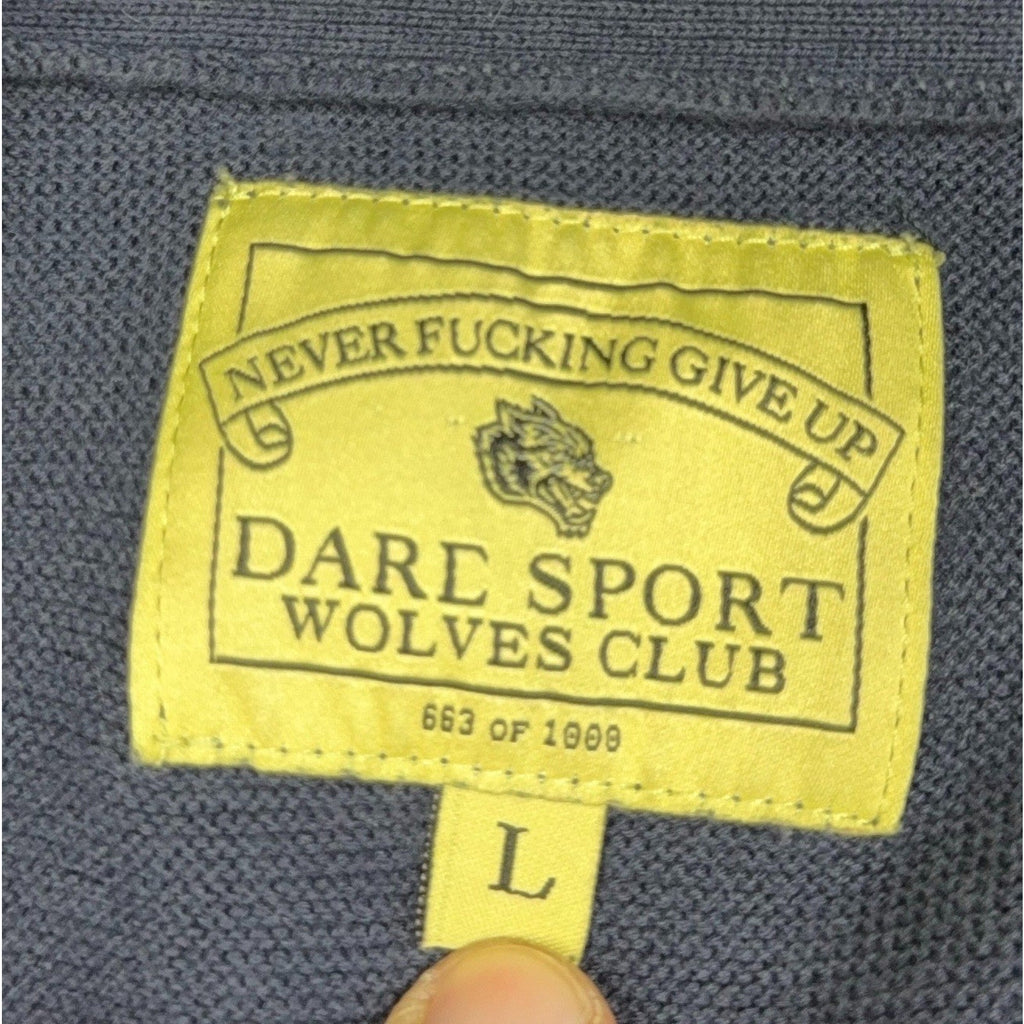 Second Half Supply Co, LLC Darc Sport Wolves Club cardigan interior label showing size Large and limited edition 663/1000
