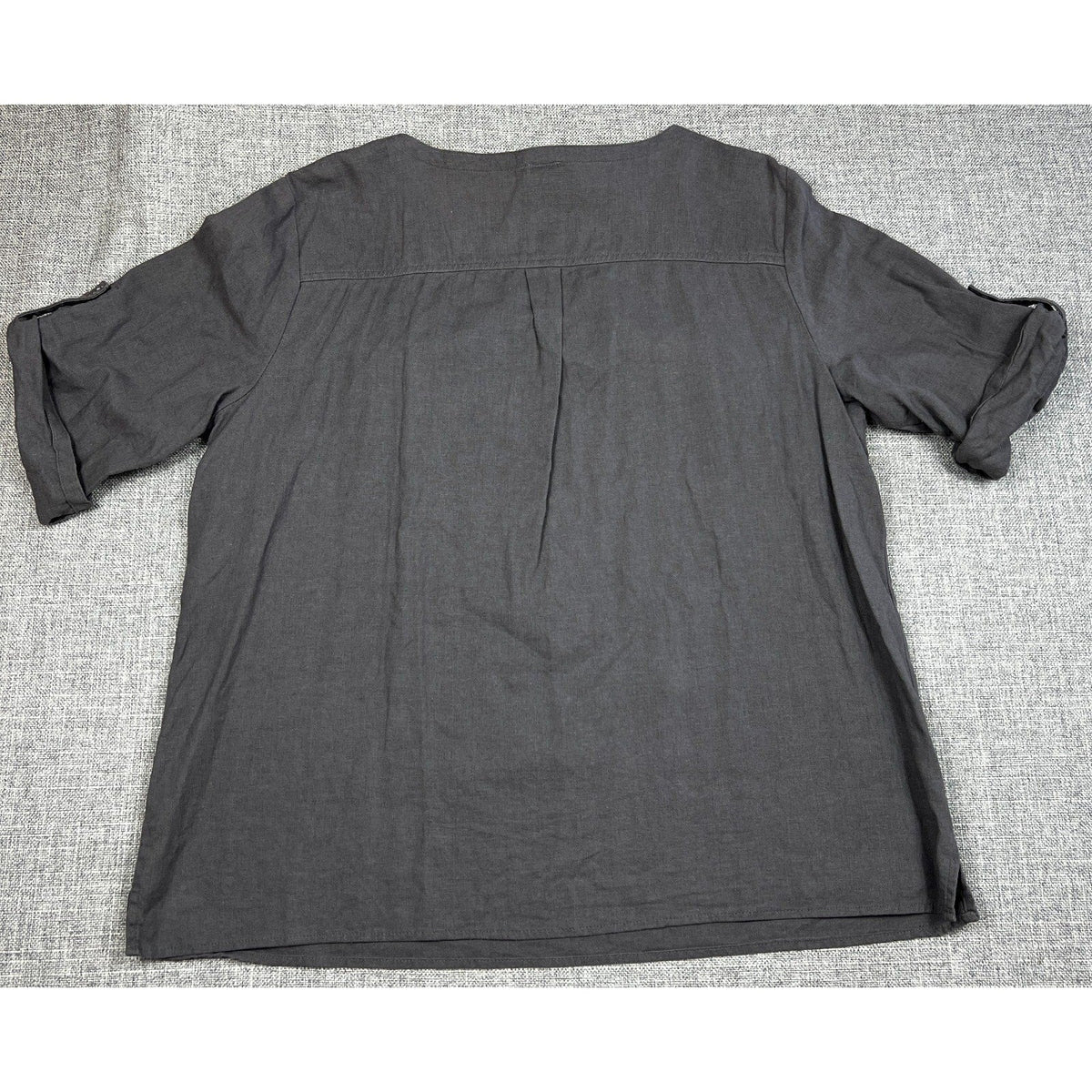 Second Half Supply Co, LLC Anne Klein dark gray linen blend utility tunic with roll-tab sleeves, back view