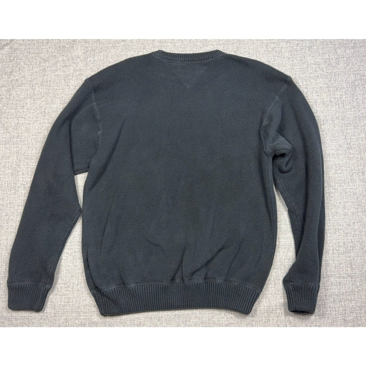 Back view of a dark green Tommy Hilfiger cotton crewneck sweater with ribbed hem and cuffs from Second Half Supply Co, LLC