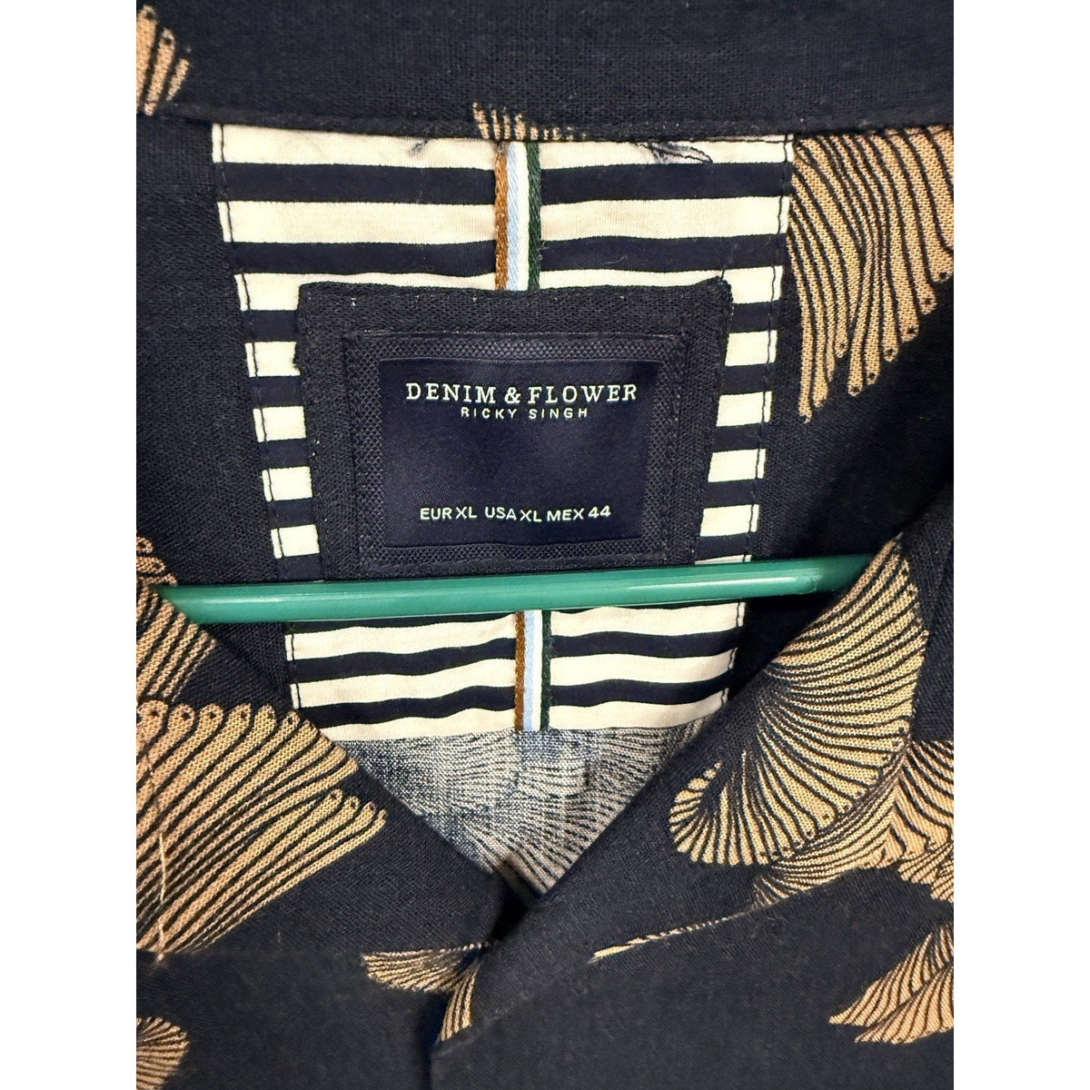 Second Half Supply Co, LLC Denim & Flower Ricky Singh shirt label showing XL size and navy fan print fabric