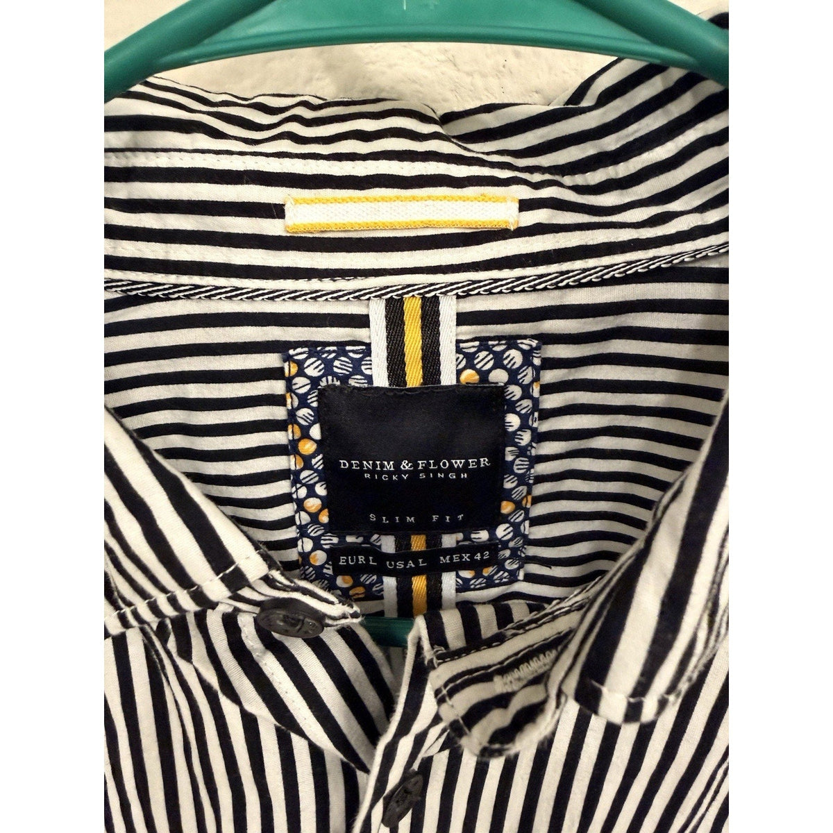 Second Half Supply Co, LLC Denim & Flower Ricky Singh black and white striped slim fit button-up shirt collar label