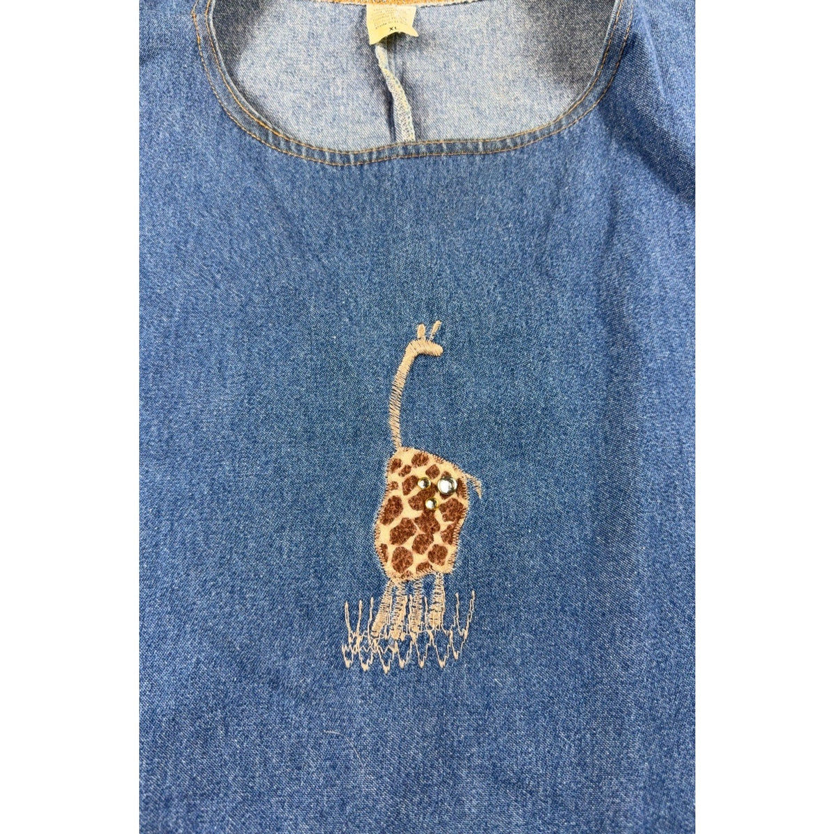 Second Half Supply Co, LLC vintage denim maxi dress featuring a giraffe appliqué with rhinestone and embroidery detail