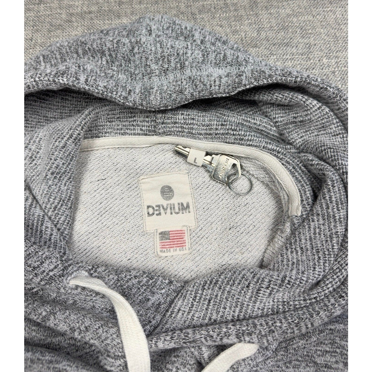 Second Half Supply Co, LLC Devium gray marled pullover hoodie with loopback terry interior and cream drawstrings