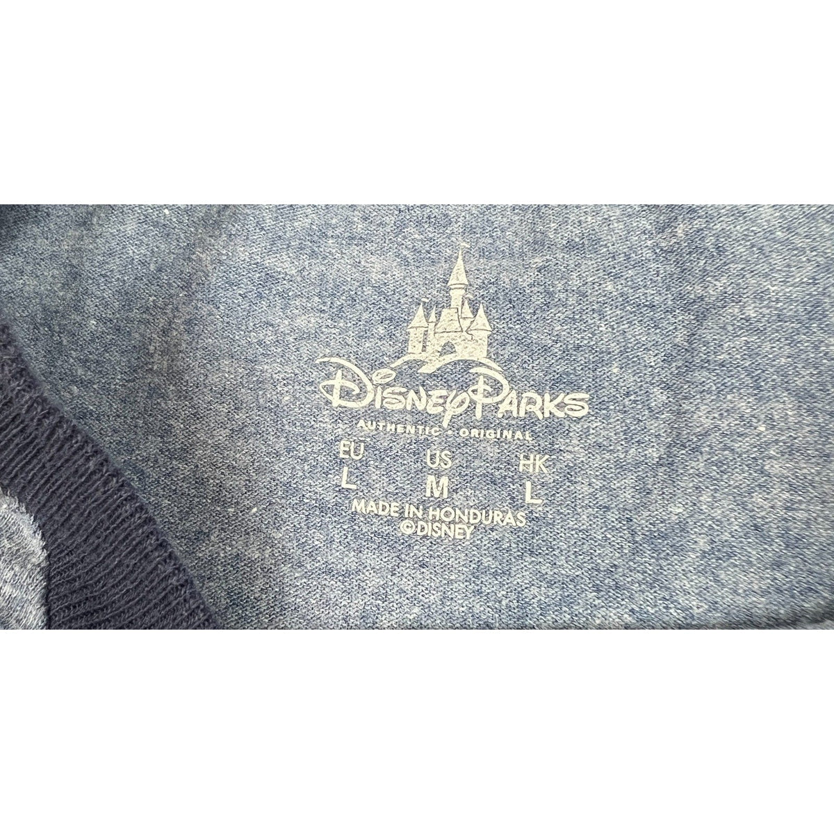 Second Half Supply Co, LLC Disney Parks heather gray ringer t-shirt interior neck label with size medium print