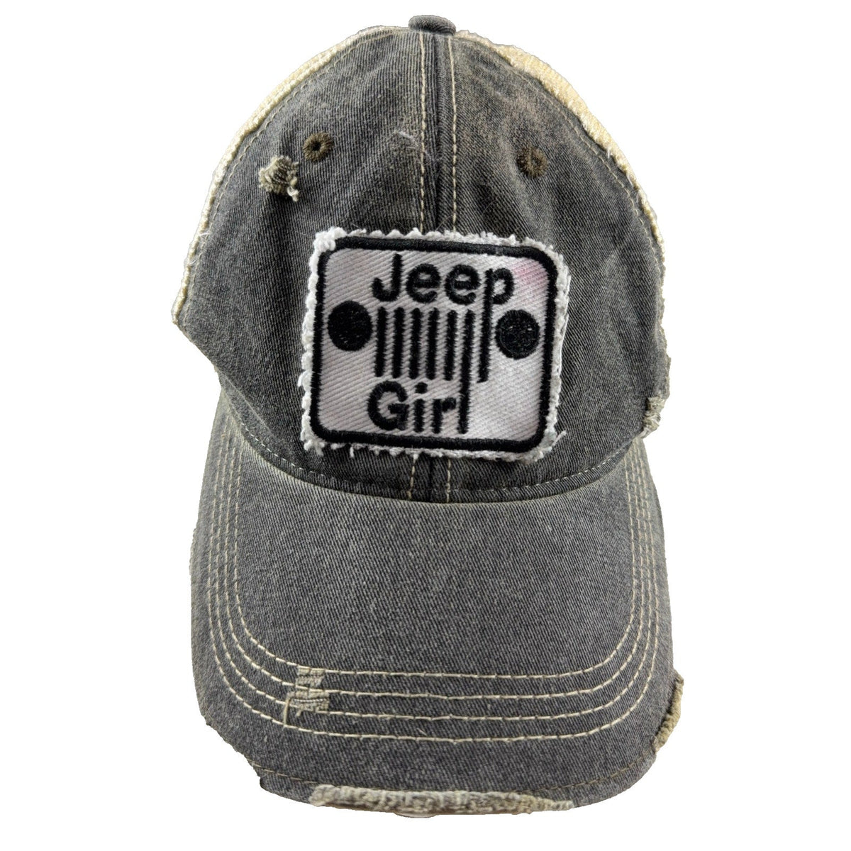Second Half Supply Co, LLC gray and tan distressed Jeep Girl trucker hat with mesh back and frayed curved bill