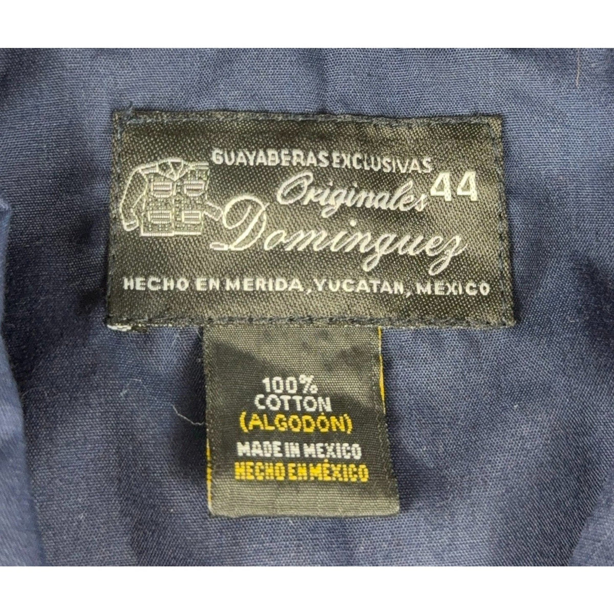 Second Half Supply Co, LLC Dominguez guayabera shirt size 44 label showing 100% cotton made in Merida Yucatan Mexico