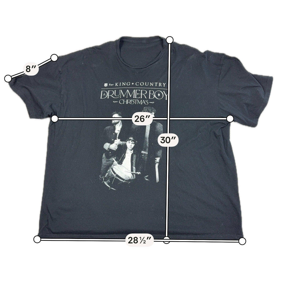 Second Half Supply Co, LLC black for KING + COUNTRY A Drummer Boy Christmas 2023 tour T-shirt with front graphic