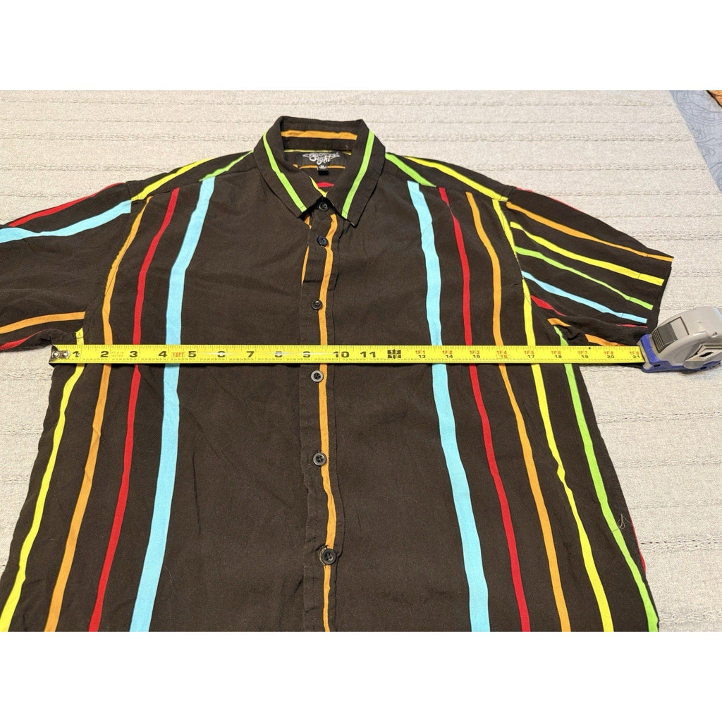 Second Half Supply Co, LLC Eighty Eight black short sleeve button-up shirt with multicolor vertical stripes and tape