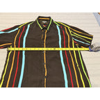 Second Half Supply Co, LLC Eighty Eight black short sleeve button-up shirt with multicolor vertical stripes and tape