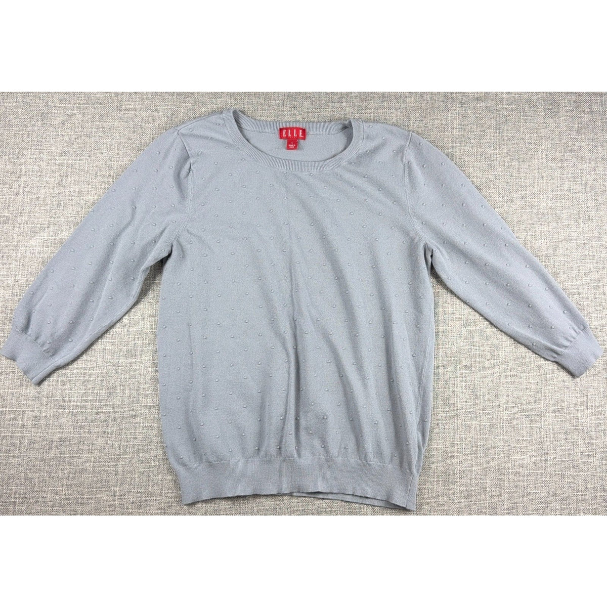 Second Half Supply Co, LLC ELLE gray-blue crewneck pullover sweater with raised Swiss dot texture and ribbed trim